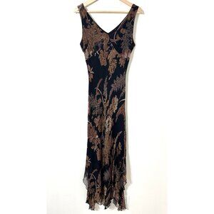 Vtg Y2K Brown Silk Chiffon Bias Cut Dress Handkerchief Forest Fairy Botanical